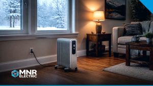 Title card: Space heater safety: how to heat one cold room in Edmonton without burning the house down, MNR Electric Edmonton