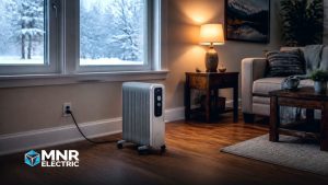 Title card: Space heater safety: how to heat one cold room in Edmonton without burning the house down, MNR Electric Edmonton